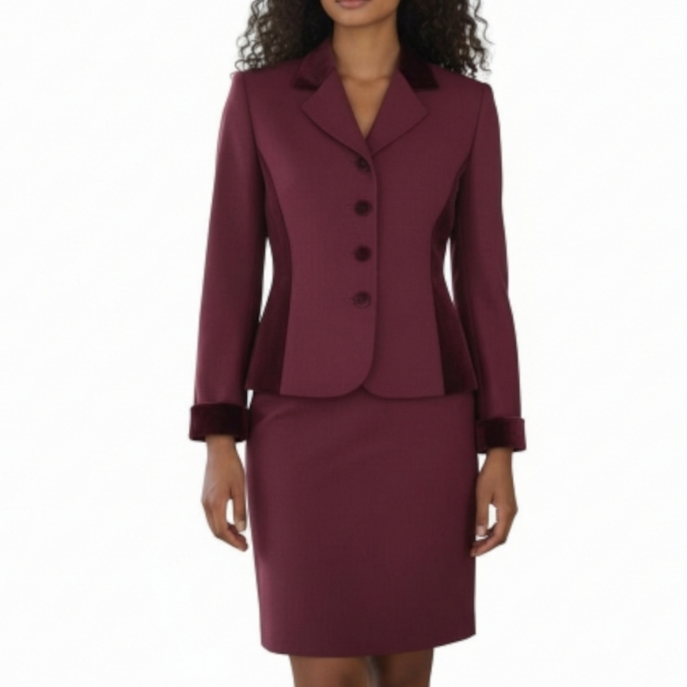 Kasper ASL Skirt Suit 6P Burgundy Velvet Trim Cuffed Blazer Notch Collar Lined